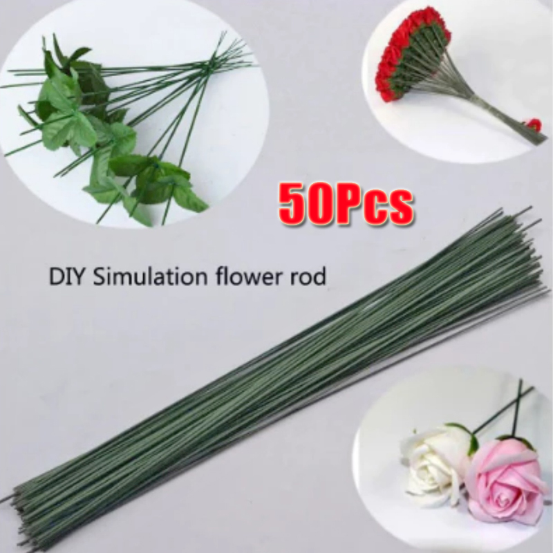 Wire Stem Florist - 50 ชิ้น ลวดดอกไม้สีเขียวสำหรับจัดดอกไม้ 30 ซม. DIY